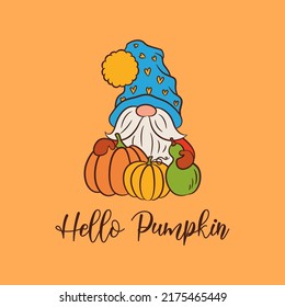 Hallo Kürbis-Kartendesign. Funny Nordic Gnome mit Kürbisernte. Thanksgiving-Design für Ferien-Poster, Grußkarte, Einladung. Fun gnome verwirrte Hut. 