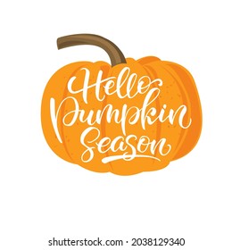 Hello pumpkin colorful inspirational card vector illustration. Seasonal template with inscription, orange gourd  for thanksgiving day, greeting, invitation card, poster. Pumpkin season. Fall design.