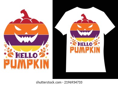 Hello, pumpkin halloween t-shirt design. Vector cartoon-style illustration of pumpkin, white background.