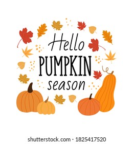 Hello pumpkin season colorful composition with quote lettering vector flat cartoon illustration. Design for posters and invitations to autumn holidays and fairs.