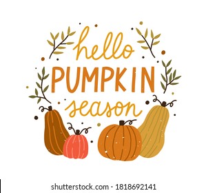 Hello pumpkin season cute colorful composition with quote inscription vector flat illustration. Colorful autumn hand drawn lettering decorated with design elements isolated. Creative fall phrase