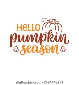 Hello Pumpkin season hand lettering with pumpkin and leaves