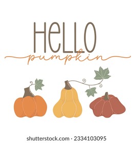 Hello pumpkin. Seasonal square template with motivation quote and  pumpkins in minimalist style. Hand drawn lettering. Autumn design for banners, posters, Cards, invitations. Vector illustration