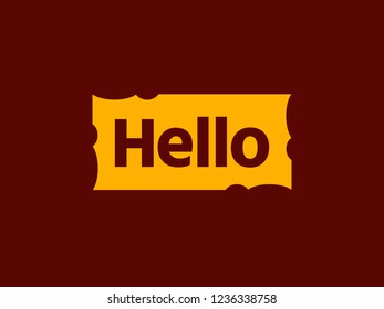 Hello quote message in yellow rectangular frame. Simple text hello sign. Speech yellow frame with word hello. Yellow frame Isolated on brown background. Vector illustration for your design.