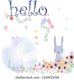 Hello rabbit bunny in flower bush,illustration vector by freehand doodle comic art