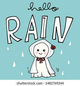 Hello rain, rainy doll with ladybug cartoon doodle style vector illustration 