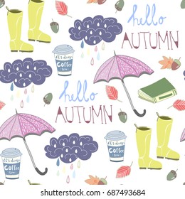 Hello rainy autumn. Hand drawn colored doodle vector seamless pattern