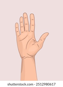 Hello! Raised hand. Greeting. Good morning, good afternoon, good evening. Vector illustration.