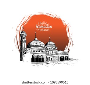 Hello Ramadan Mubarak celebration. vector illustration hand drawing of mosque with orange round brush