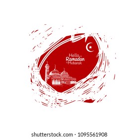 Hello Ramadan Mubarak free hand drawing sketch of white mosque in red brush . Vector illustration for ramadan celebration