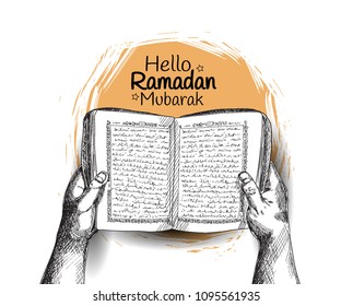 Hello Ramadan Mubarak Free Hand Drawing Sketch Of Hand Opening Holy Quran With Orange Round Brush . Vector Illustration For Ramadan Celebration