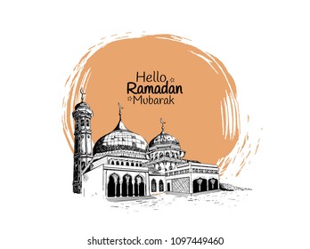 Hello Ramadan Mubarak free hand drawing sketch of mosque in brown round brush. Vector illustration for banner, template, flyer and poster