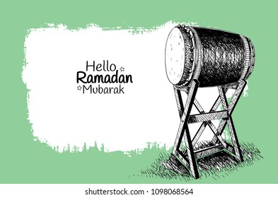 Hello Ramadan Mubarak free hand drawing sketch of bedug green background. Vector illustration holy month of ramadan