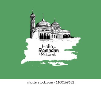 Hello Ramadan Mubarak free hand drawing sketch of mosque with green background. Vector illustration for ramadan poster, flyer, greeting card, banner and template