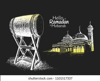 Hello Ramadan Mubarak free hand drawing sketch of bedug and mosque white color on black background. Vector illustration for ramadan poster, flyer, greeting card, banner and template