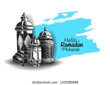Hello Ramadan Mubarak free hand drawing sketch of lantern on blue background. Vector illustration for ramadan poster, flyer, greeting card, banner and template