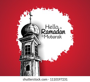 Hello Ramadan Mubarak free hand drawing sketch of mosque tower red background. Vector illustration for ramadan poster, flyer, greeting card, banner and template