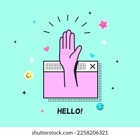 Hello retro poster. Vintage computer web window with hand in greeting gesture. Digital 80s 90s style design, vector techno background
