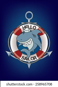 Hello sailor.funny looking great white shark with sailor hat.anchor and lifebelt in background.vertical orientation 