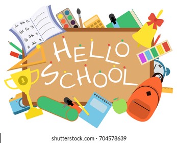 Hello school banner with blackboard and student items on white background