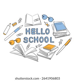 Hello school banner in doodle style. Lettering with black outline, hand drawn books, glasses, pencil and pen. Stylish design for children's online courses and classes, homeschooling.