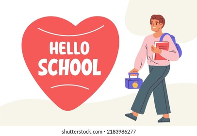 Hello school card with boy. Schoolboy with backpack and lunch box. Flat vector illustration
