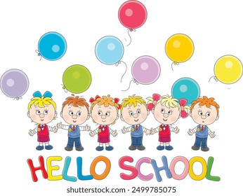 Hola tarjeta de la escuela con los pequeños colegiales felices, colegialas y globos coloridos del día de fiesta, ilustración de dibujos animados del Vector en un fondo blanco