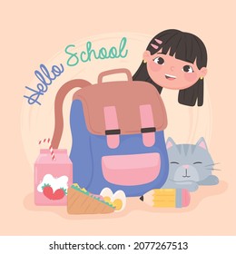 hello school cartoon student and backpack