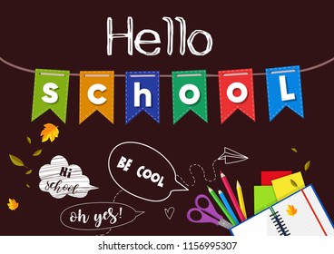 Hello school. Colorful vector design template. Hand drawn illustration.