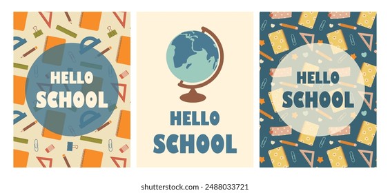 Hola concepto de la escuela, juego de tarjetas. Globo, útiles escolares. Ilustración vectorial linda para su diseño