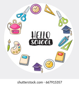Hello school doodle clip art greeting card. Cartoon vector illustration for flyer or banner. Typography script text. 