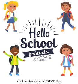 Hello school friends black-and-white sticker with inscription surrounded by colorful kids. Vector illustration of plastic ruler and graphite pencil logo