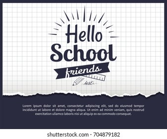 Hello school friends black-and-white sticker with inscription. Vector illustration of plastic ruler and graphite pencil on checkered background