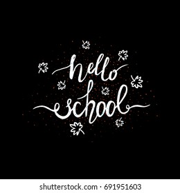 Hello school greeting card with scattered maple leaves on black background. Vector illustration. All isolated and layered