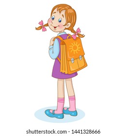 Hello school! Little cute girl with a big school backpack. In cartoon style. Isolated on white background.