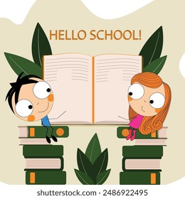 Hello school poster illustration. The illustration shows students sitting on books.