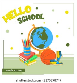 Hello School poster with stationery and sports objects in pastel colors.