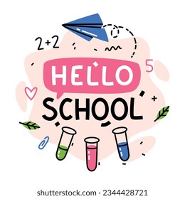 Hello School Supply with Paper Plane and Chemistry Flask Vector Composition