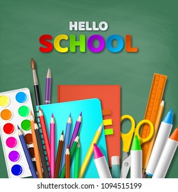 Hello school typography design with realistic school supplies. Paper cut style letters on blackboard background. Vector illustration.