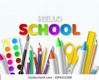 Hello school typography design with realistic school supplies. Paper cut style letters on squared paper background. Vector illustration.