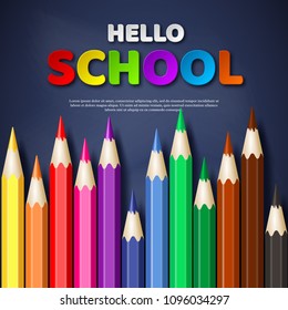 Hello school typography design with realistic colorful pencil. Paper cut style letters on blackboard background. Vector illustration.