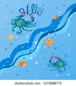 Hello sea. Blue crab, sea and stars. Sea background, sea wave with water drops.