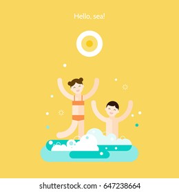 Hello, sea! Children playing in the sea. Vector flat illustration