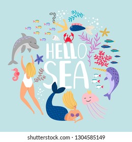 Hello sea, design of t-shirt. Fish algae and sea animals. Vector sea fish and aquatic underwater illustration