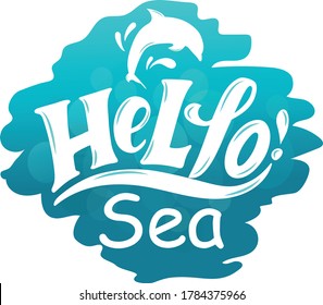 Hola texto escrito a mano por mar. Caligrafía moderna de tinta de pincel, grabado a mano en fondo azul abstracto. Ilustración vectorial para banner, folleto, afiche, logotipo, volante, postal. Delfines y salpicaduras de agua