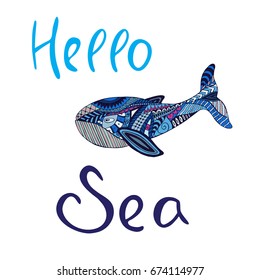 Hello Sea lettering. Modern calligraphy phrase with zentangle whale for cards and posters.