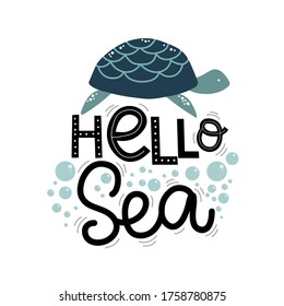 hello sea lettering, turtle and bubbles, vector illustration 