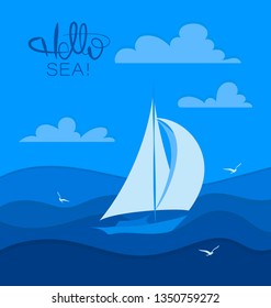 Hello, sea. Sailboat and seagulls. Stylized sailboat on the waves. Design for banner, poster, print on fabric or paper.
