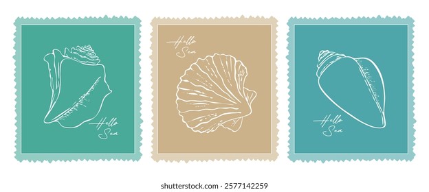 Hello Sea set of seashells drawn on stamps, summer vacation, sea vacation.