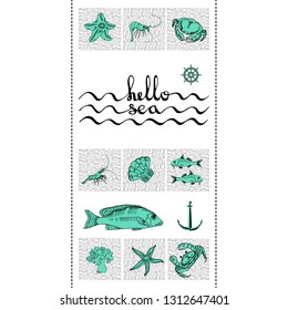 Hello sea. Vector card with handwritten text and various sea creatures. Hand drawing  fish, crab, squid, anchor octopus and starfish. Marine-themed design elements on white background.